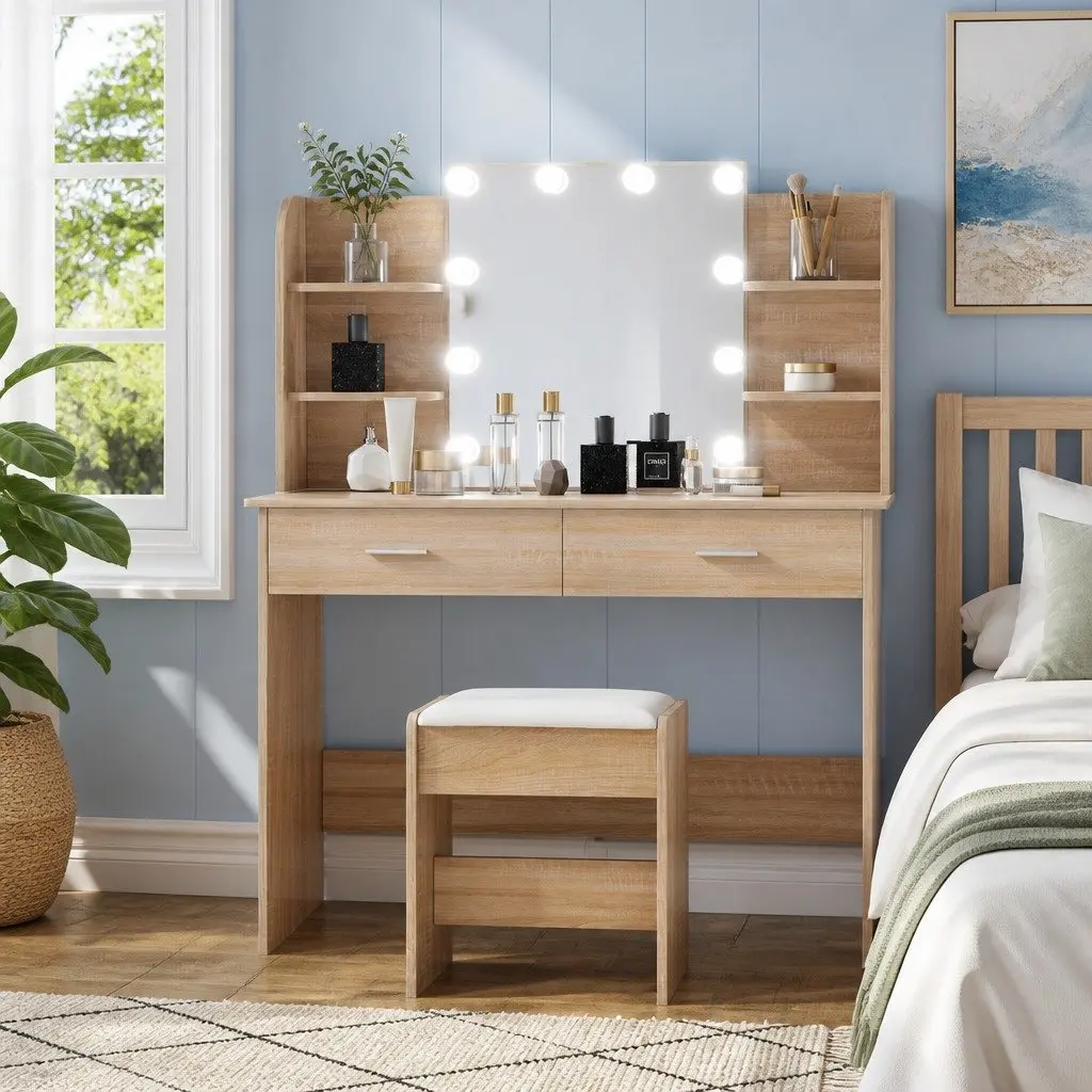 Dressing Table Set Hollywood Style with Stool LED Bulbs Makeup Desk Natural Wood MDF and PU Leather