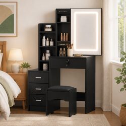 Elegant Black Dressing Table with LED Mirror and Stool