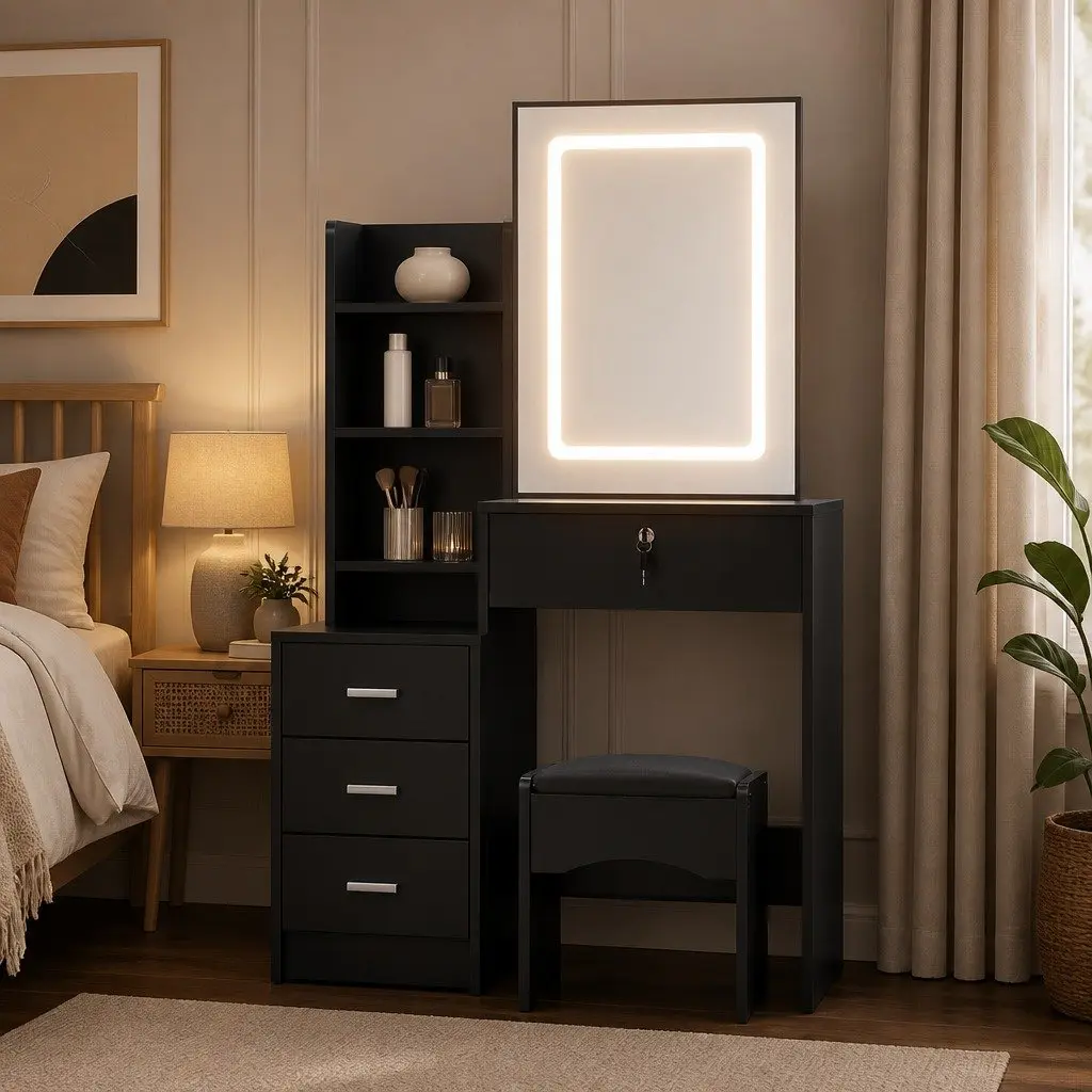 Dressing Table Vanity Desk Black MDF with LED Lights Mirror and Foam Padded Stool
