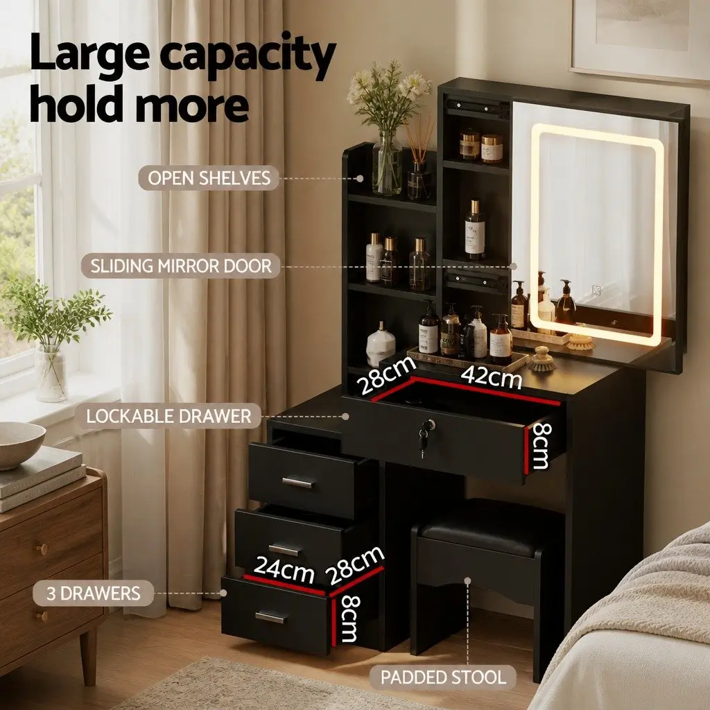 Dressing Table Vanity Desk Black MDF with LED Lights Mirror and Foam Padded Stool