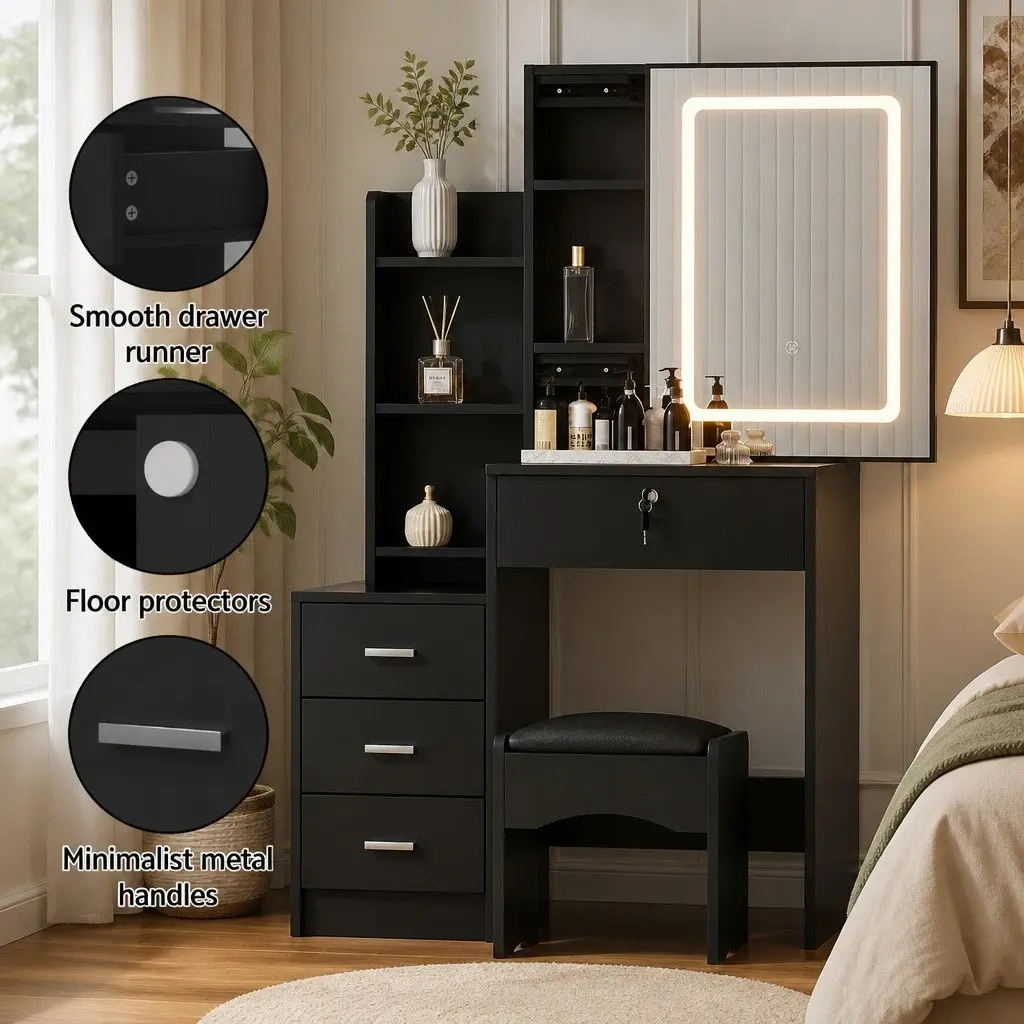 Dressing Table Vanity Desk Black MDF with LED Lights Mirror and Foam Padded Stool