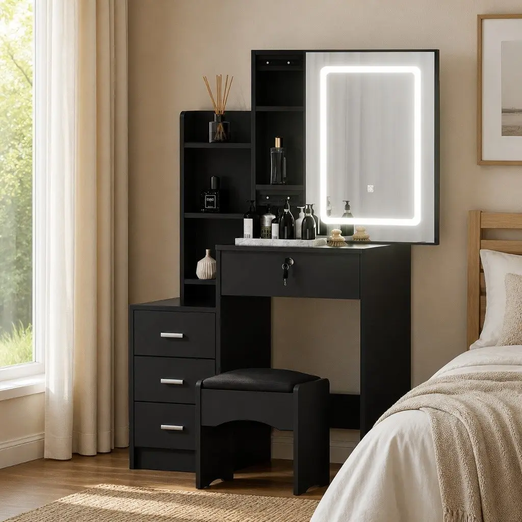 Dressing Table Vanity Desk Black MDF with LED Lights Mirror and Foam Padded Stool