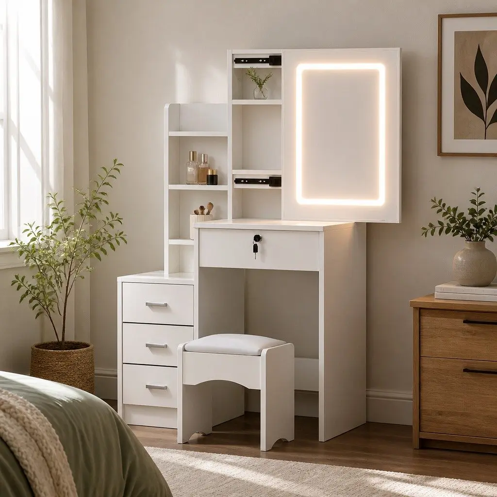 White Dressing Table Set with Stool and LED Lights