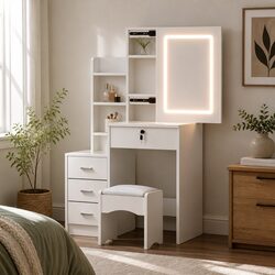 Elegant White Dressing Table Set with Stool and LED Lights