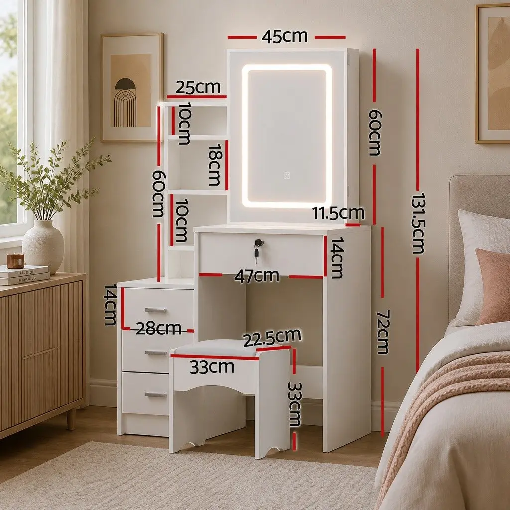 Dressing Table Vanity Desk Set White with Stool LED Lights Makeup Mirror 80cm W x 36cm D x 131cm H