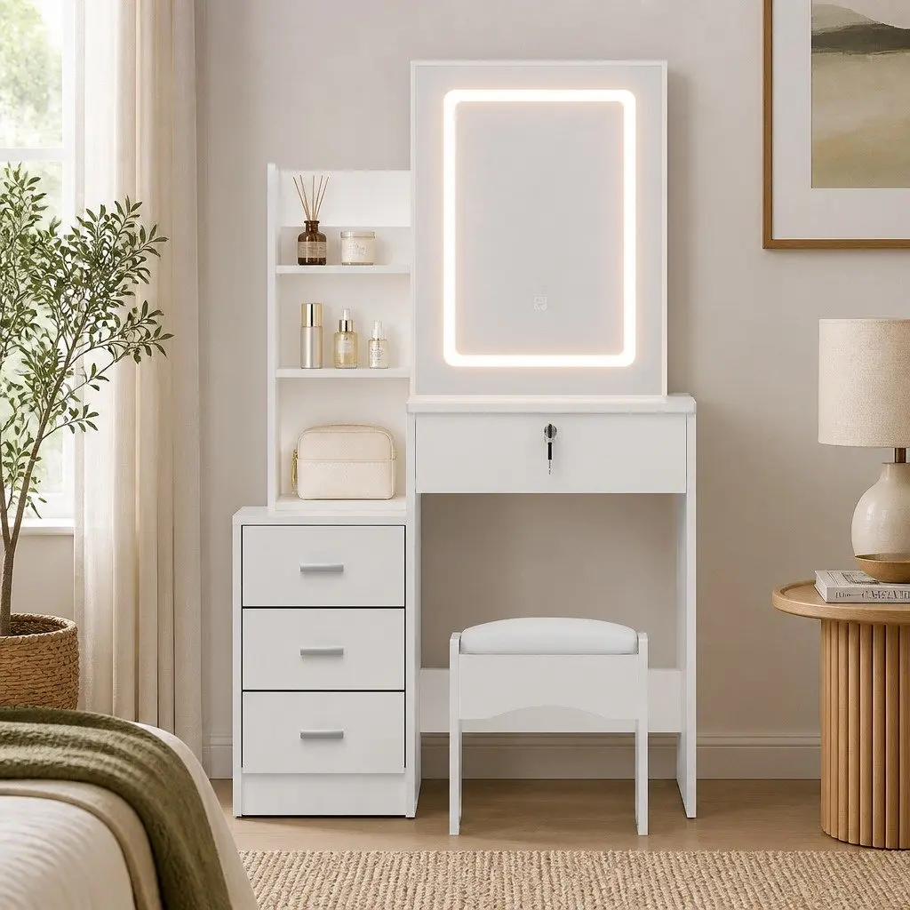 Dressing Table Vanity Desk Set White with Stool LED Lights Makeup Mirror 80cm W x 36cm D x 131cm H