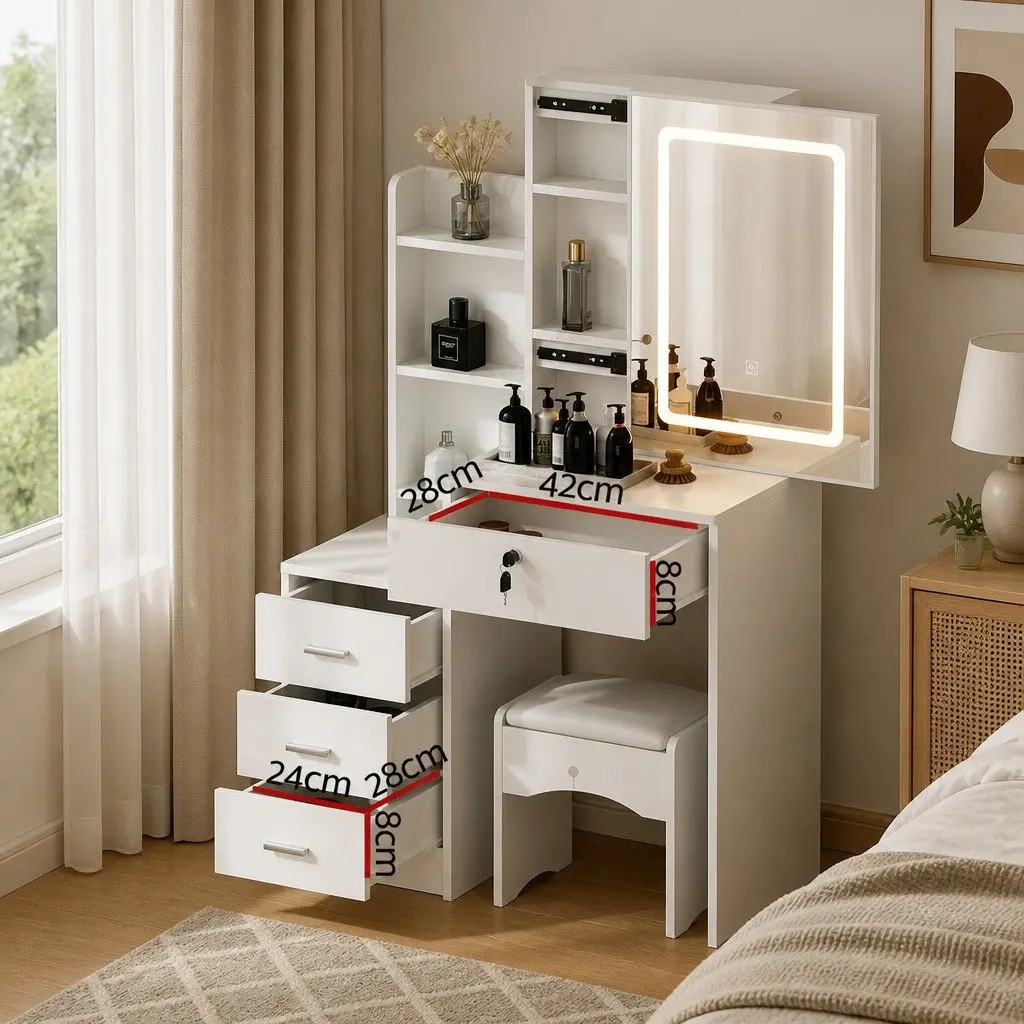 Dressing Table Vanity Desk Set White with Stool LED Lights Makeup Mirror 80cm W x 36cm D x 131cm H