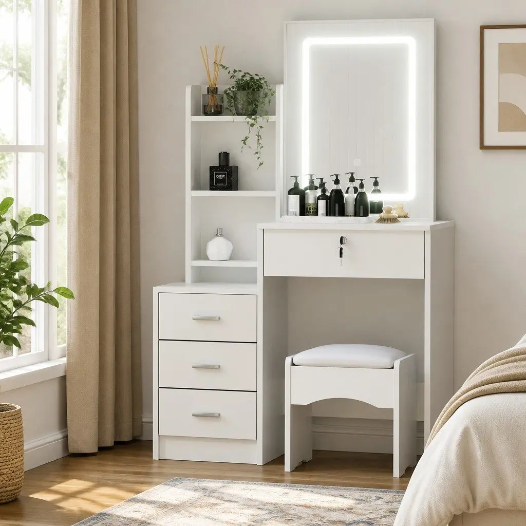Dressing Table Vanity Desk Set White with Stool LED Lights Makeup Mirror 80cm W x 36cm D x 131cm H