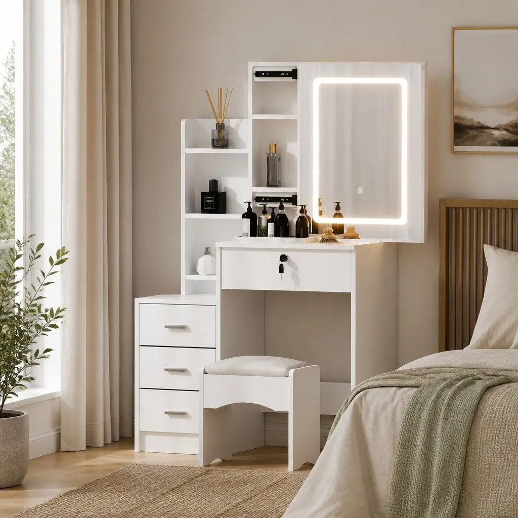 Dressing Table Vanity Desk Set White with Stool LED Lights Makeup Mirror 80cm W x 36cm D x 131cm H