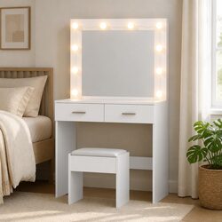 LED Dressing Table Vanity Desk with Stool 10 Bulbs White