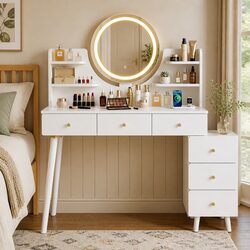 Dressing Table Vanity Desk with LED Mirror and Charging Station