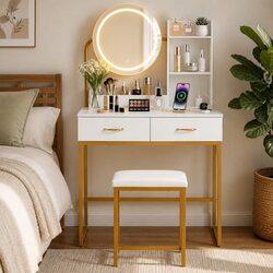 Elegant White and Gold Dressing Table with LED Mirror