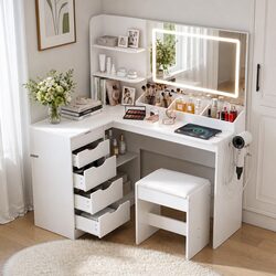 Cozy L-Shaped Dressing Table with LED Mirror