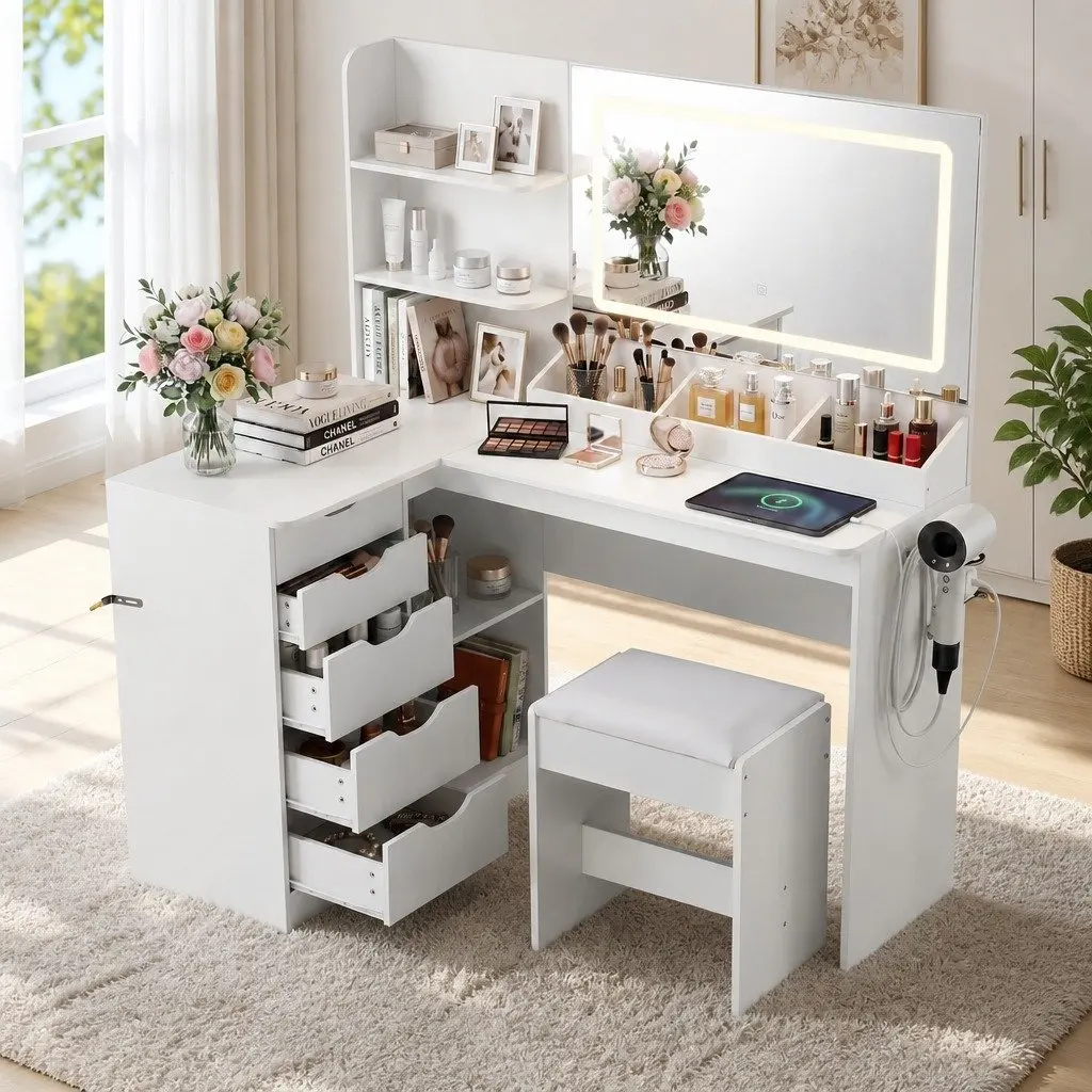 L-Shaped Dressing Table with LED Mirror