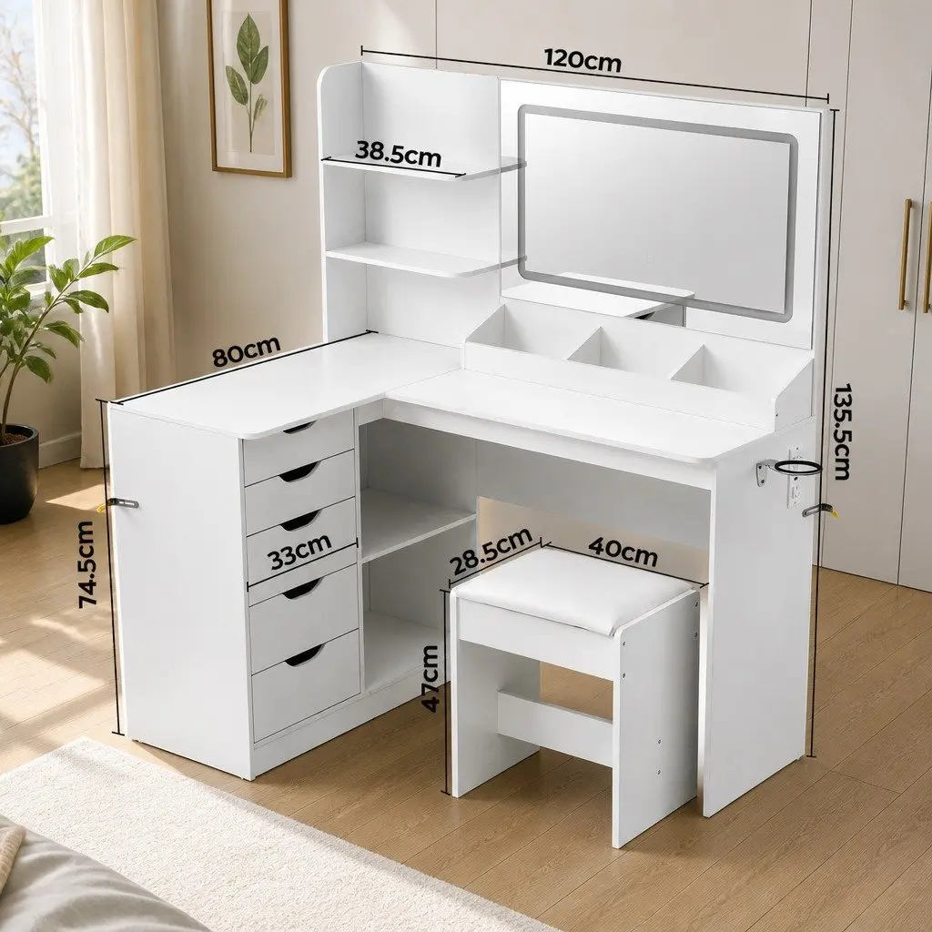 L-Shaped Dressing Table with LED Mirror