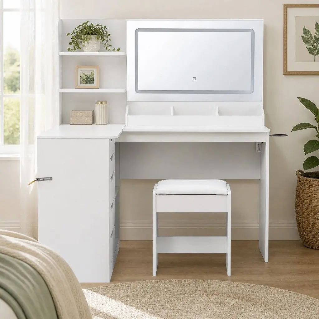 L-Shaped Dressing Table with LED Mirror