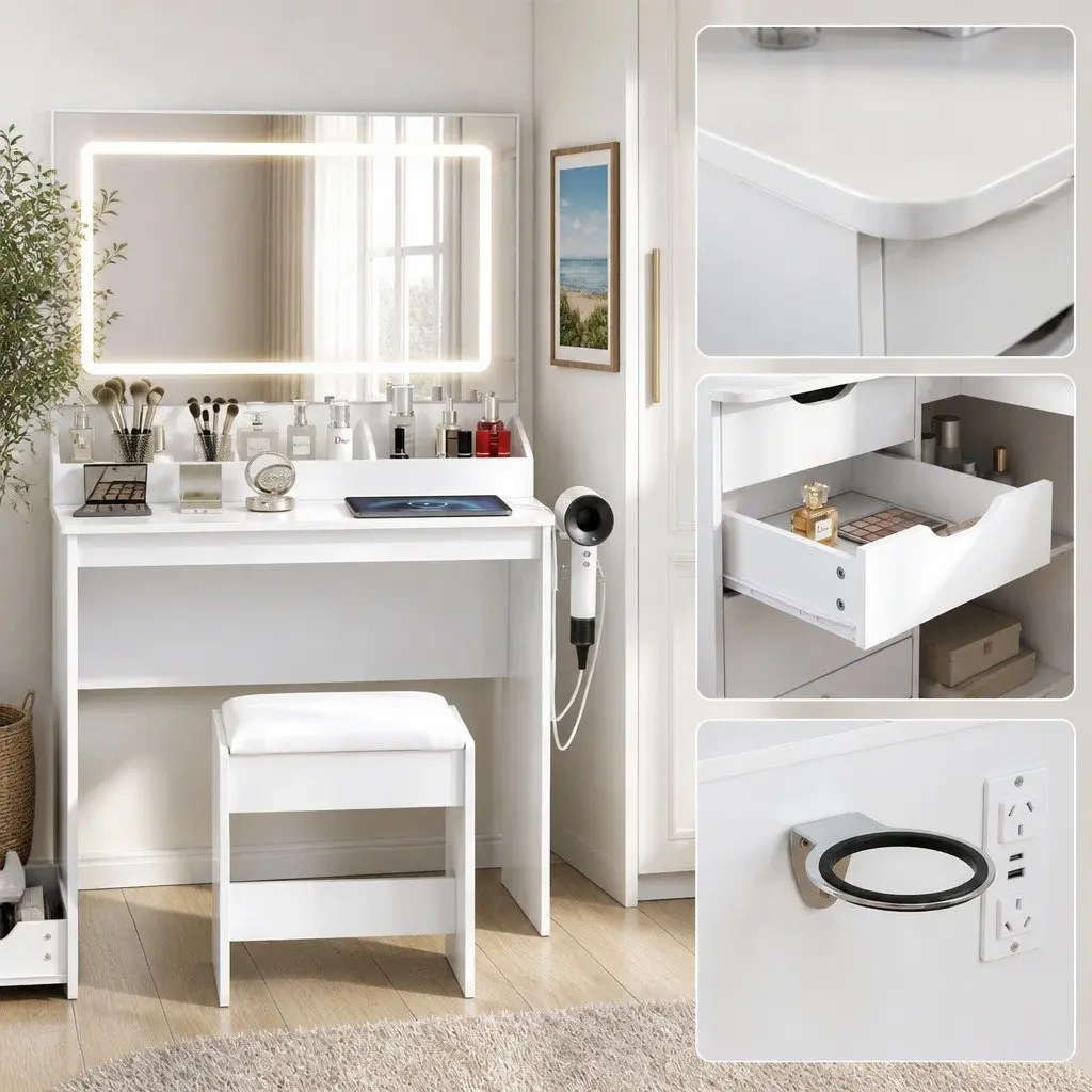 L-Shaped Dressing Table with LED Mirror