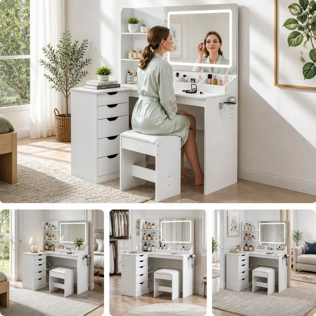 L-Shaped Dressing Table with LED Mirror