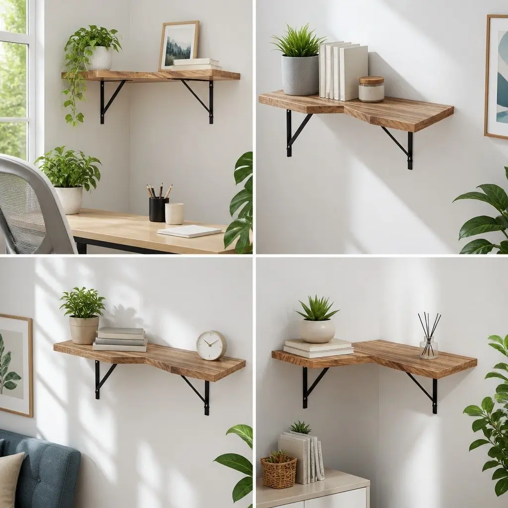 Floating Corner Shelves Set of 4 Oak Wood Storage Display Organiser