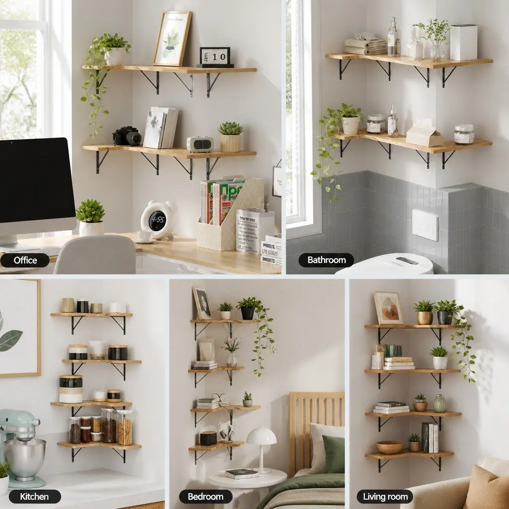 Floating Corner Shelves Set of 4 Oak Wood Storage Display Organiser