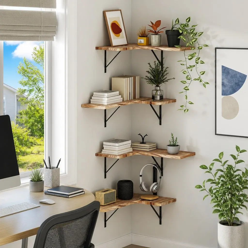 Floating Corner Shelves Set of 4 Oak Wood Storage Display Organiser