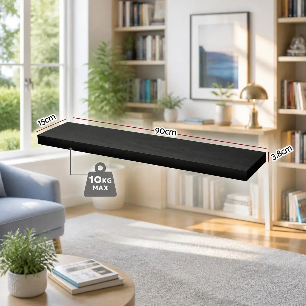 Floating Wall Shelf Set of 2 Black 90CM Storage Display Organiser Modern Design
