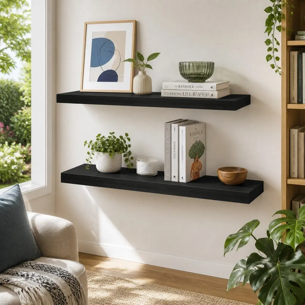 Floating Wall Shelf Set of 2 Black 90CM Storage Display Organiser Modern Design