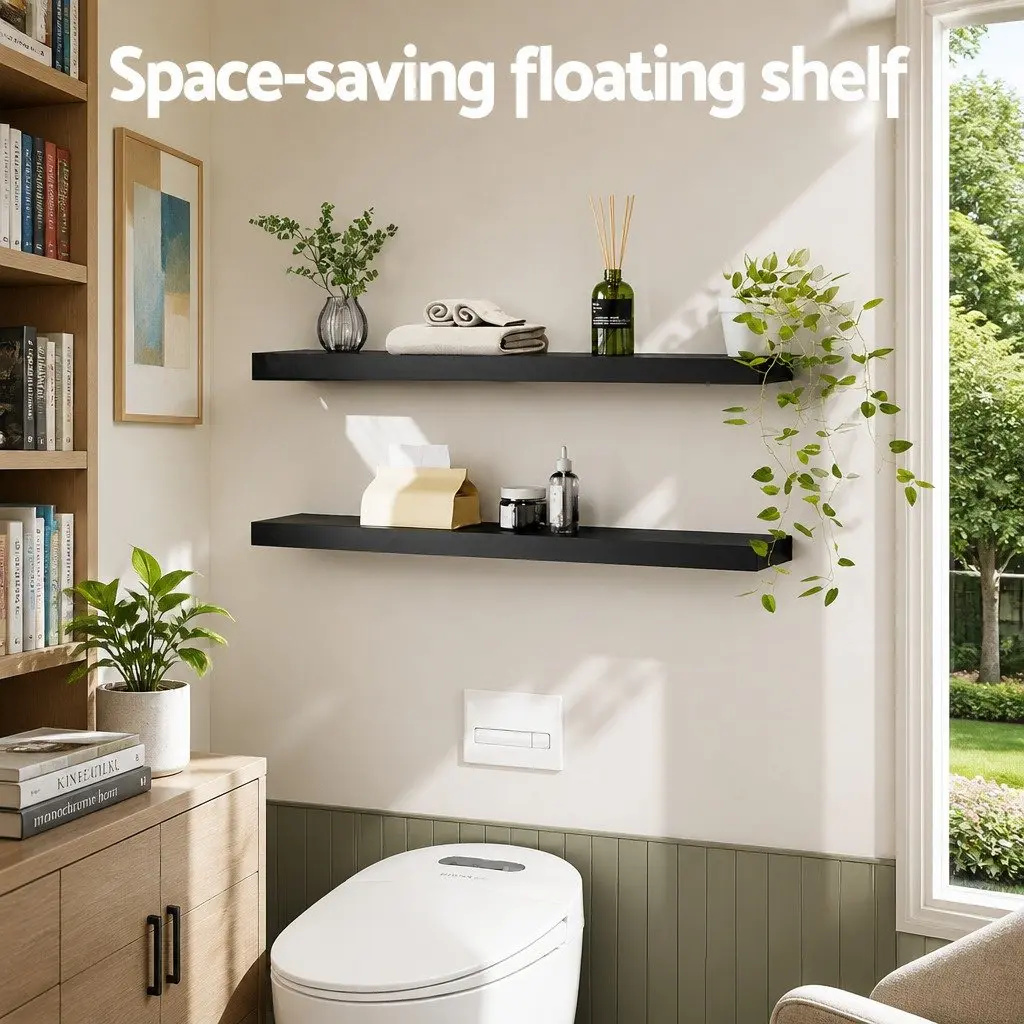 Floating Wall Shelf Set of 2 Black 90CM Storage Display Organiser Modern Design