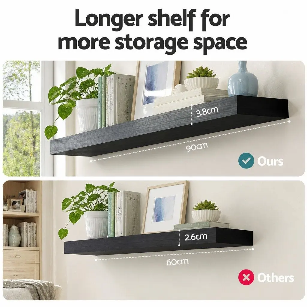 Floating Wall Shelf Set of 2 Black 90CM Storage Display Organiser Modern Design