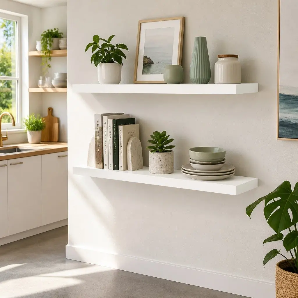 Set of 2 White Floating Wall Shelves 90CM