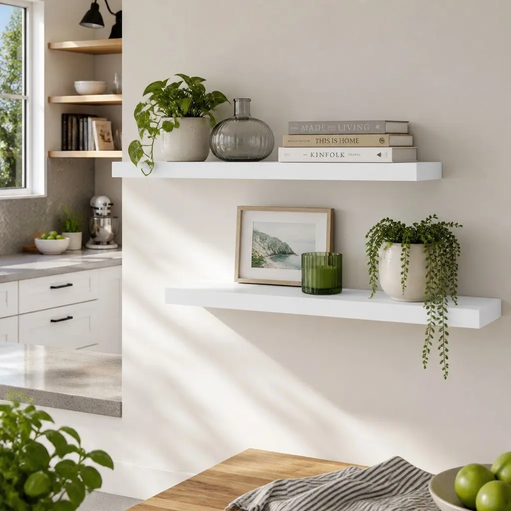 Floating Wall Shelf Set of 2 White 90CM Paulownia Wood Storage Display Shelves