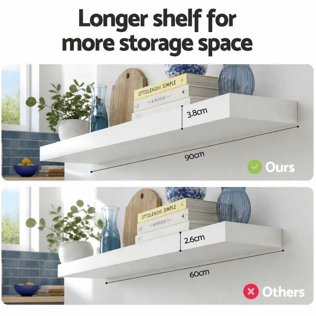 Floating Wall Shelf Set of 2 White 90CM Paulownia Wood Storage Display Shelves