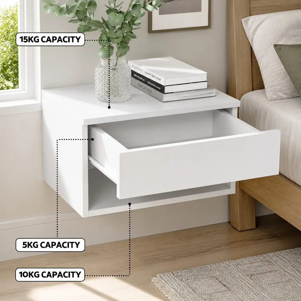 Floating Bedside Table White 40cm x 31cm x 23cm Particle Board