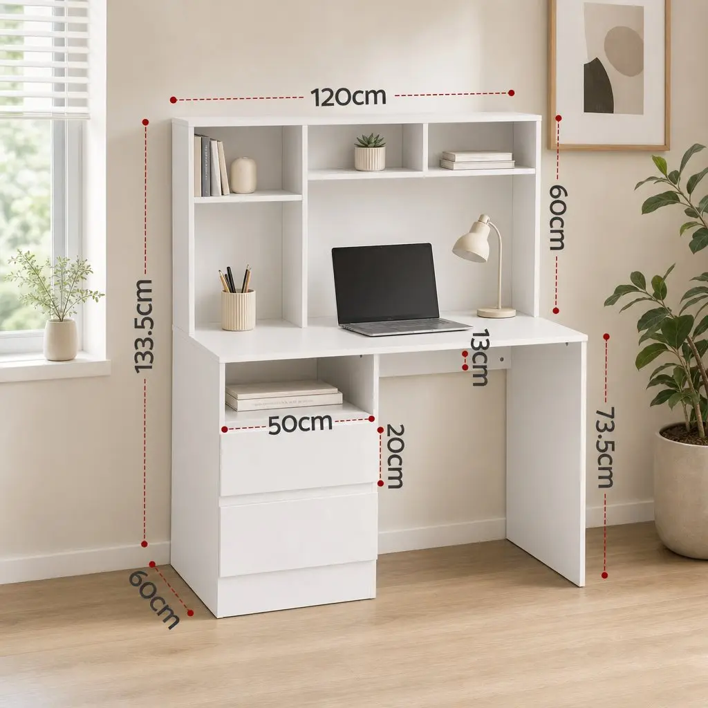Computer Desk White 120cm Particle Board with Storage Shelves Drawer Cabinet