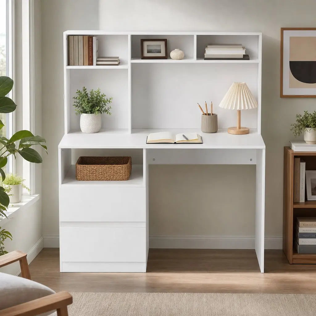 Computer Desk White 120cm Particle Board with Storage Shelves Drawer Cabinet