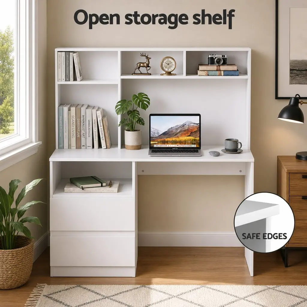 Computer Desk White 120cm Particle Board with Storage Shelves Drawer Cabinet