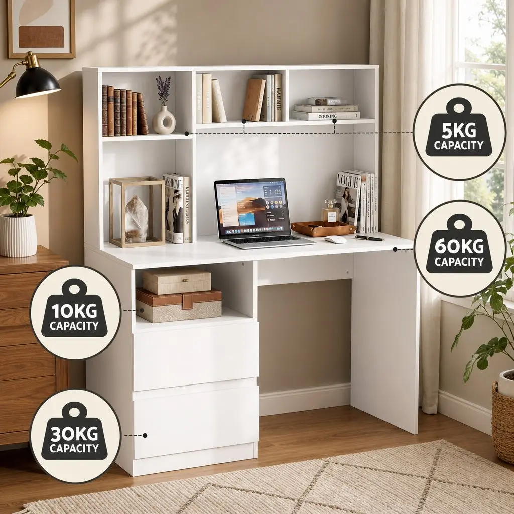 Computer Desk White 120cm Particle Board with Storage Shelves Drawer Cabinet