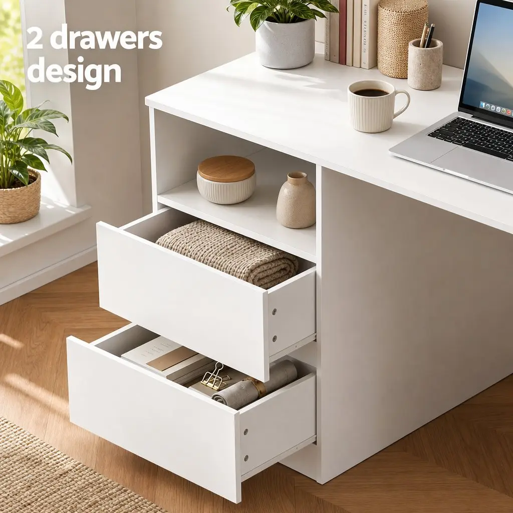 Computer Desk White 120cm Particle Board with Storage Shelves Drawer Cabinet