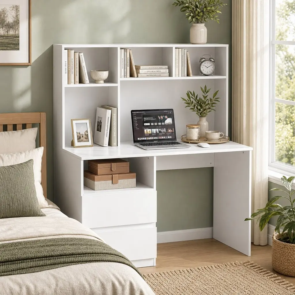 Computer Desk White 120cm Particle Board with Storage Shelves Drawer Cabinet