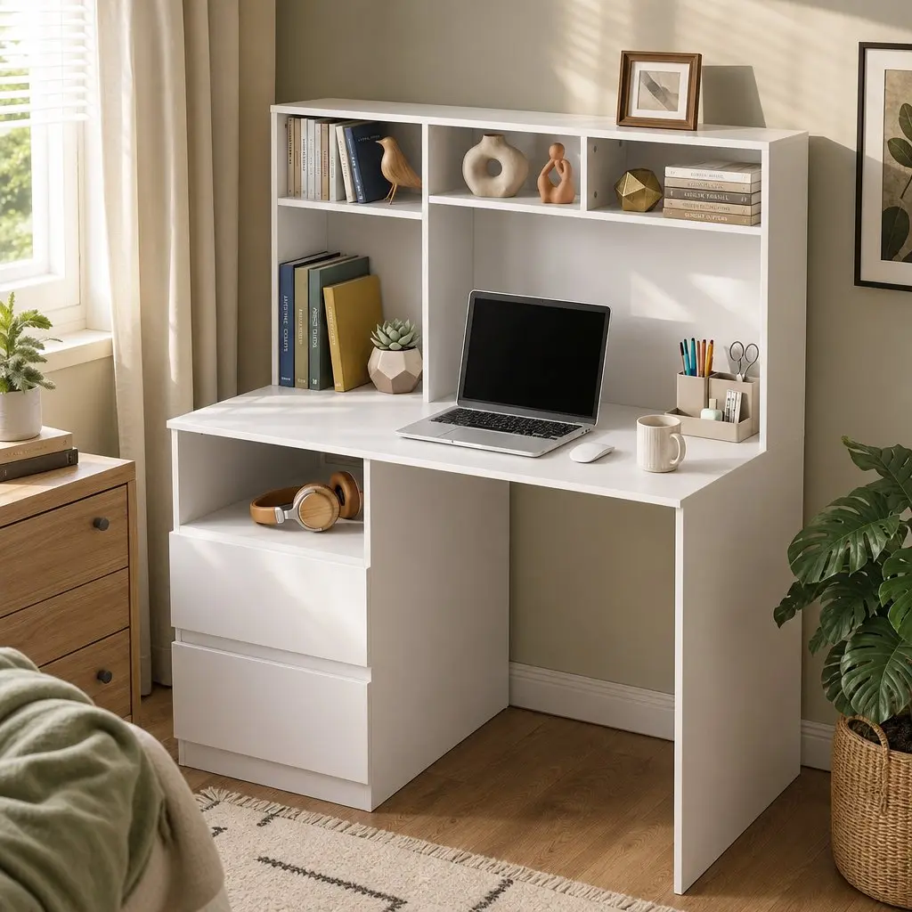 Computer Desk White 120cm Particle Board with Storage Shelves Drawer Cabinet