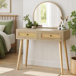 Elegant Pine Dressing Table Set with Round Mirror