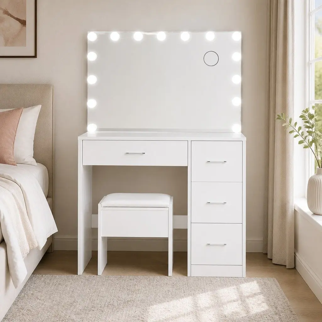 Dressing Table Set White LED Mirror Makeup Vanity with Stool Storage Drawers MDF and PU Leather