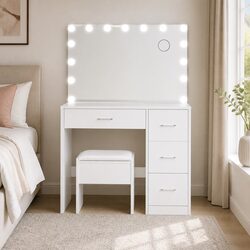 Elegant Dressing Table Set with Stool and 15 LED Bulbs