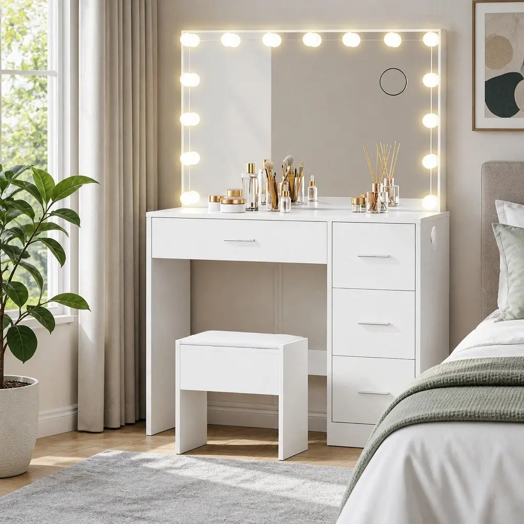 Dressing Table Set White LED Mirror Makeup Vanity with Stool Storage Drawers MDF and PU Leather