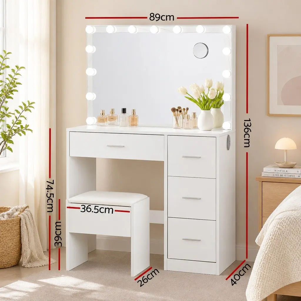 Dressing Table Set White LED Mirror Makeup Vanity with Stool Storage Drawers MDF and PU Leather