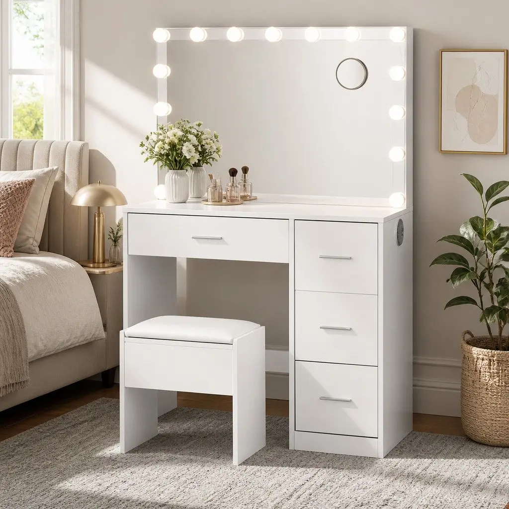 Dressing Table Set White LED Mirror Makeup Vanity with Stool Storage Drawers MDF and PU Leather