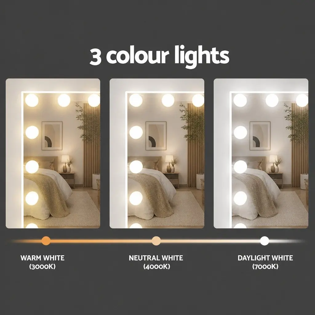 Dressing Table Set White LED Mirror Makeup Vanity with Stool Storage Drawers MDF and PU Leather