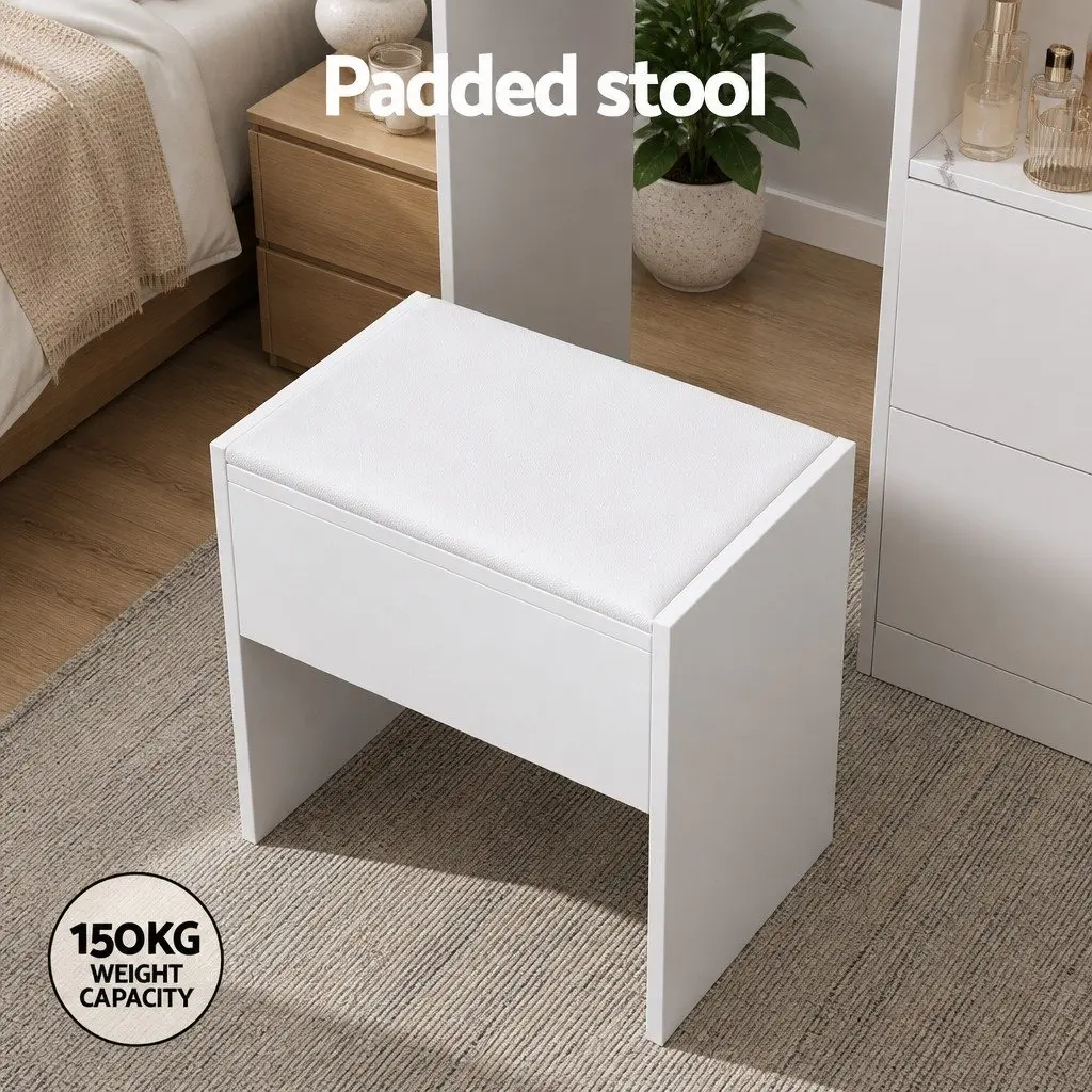 Dressing Table Set White LED Mirror Makeup Vanity with Stool Storage Drawers MDF and PU Leather