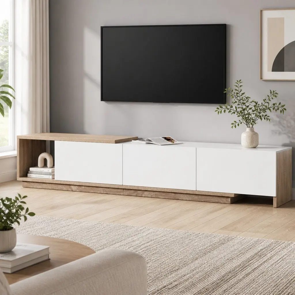 TV Unit Extendable Oak White Living Room Storage 190260cm Particleboard