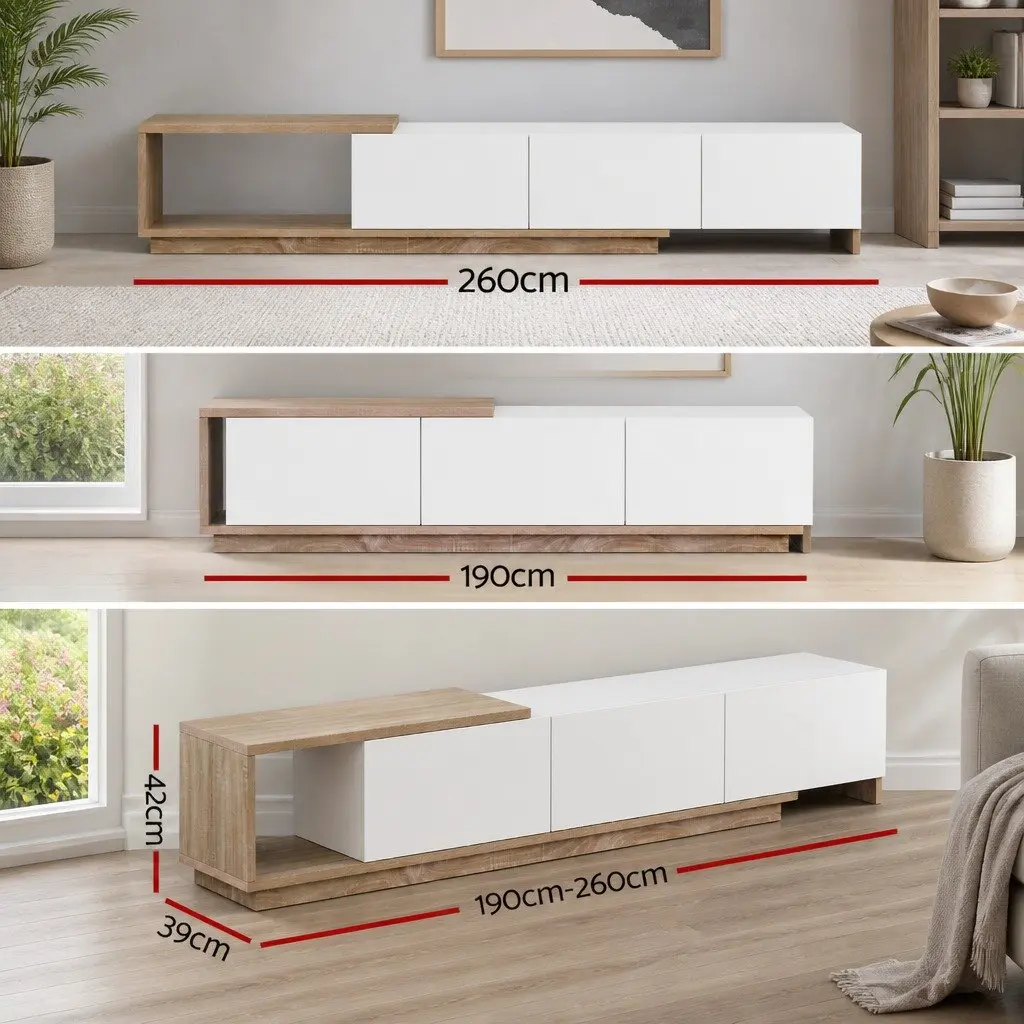 TV Unit Extendable Oak White Living Room Storage 190260cm Particleboard